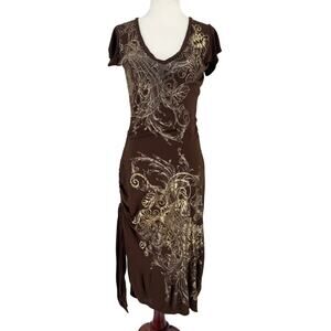 Vintage Y2K Cache Midi Shirt Dress Womens Small Brown Gold Floral 90s Stretch